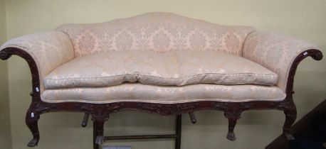A large country house sofa with carved and moulded show wood frame and supports, acanthus, shells,