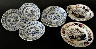 Two Crown Derby dishes and five Meissen onion pattern plates