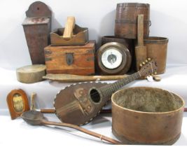 Collection of treen items to include bushel measures, seed fiddle, spoons, a mahogany tray, a
