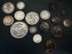 An 1889 silver crown, a few other silver coins pre-1947, further bronze coinage