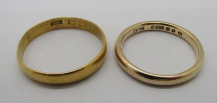Two gold wedding rings; a 9ct example, 3g and a high carat example (18ct or 22ct - marks worn), 3.4g