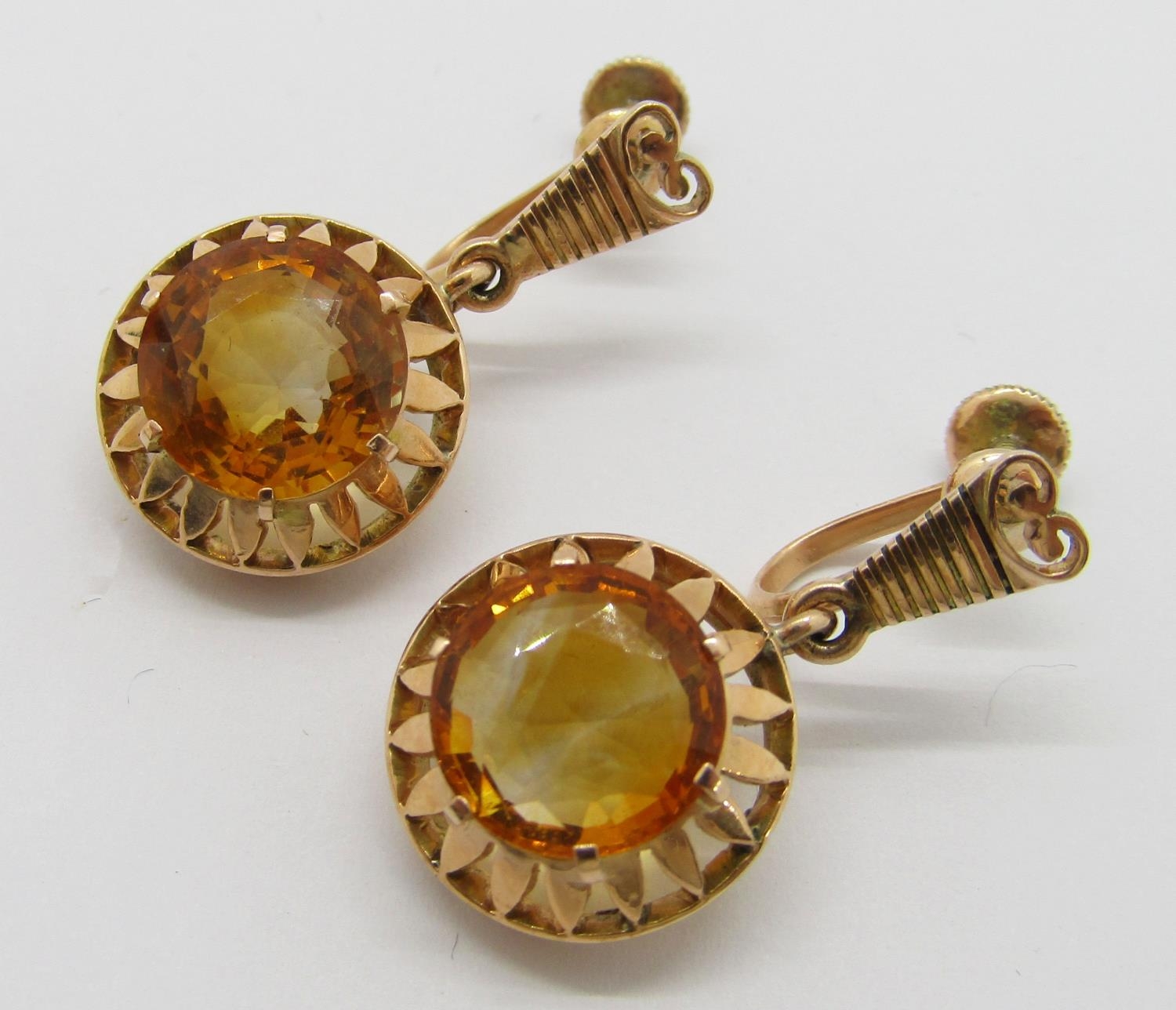 Pair of 14ct citrine drop earrings with screw fastenings, topaz 1cm diameter approx, earrings 2.