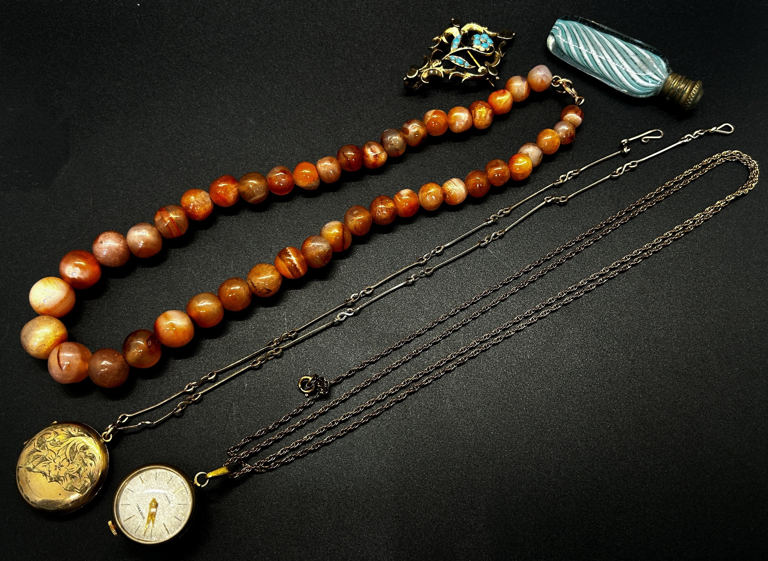 A collection of bijouterie / jewellery items to include scent bottles, pin cushion, carnelian beads, - Image 2 of 3