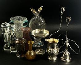 A miscellaneous collection of glass and silver plate items including a 19th century double spout