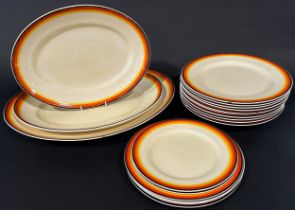 A quantity of Clarice Cliff Bizarre banded plates including three graduated meat plates, ten
