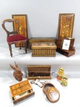 A collection of treen, including Sorrento ware door panel, a faux book spine souvenir box, a Russian