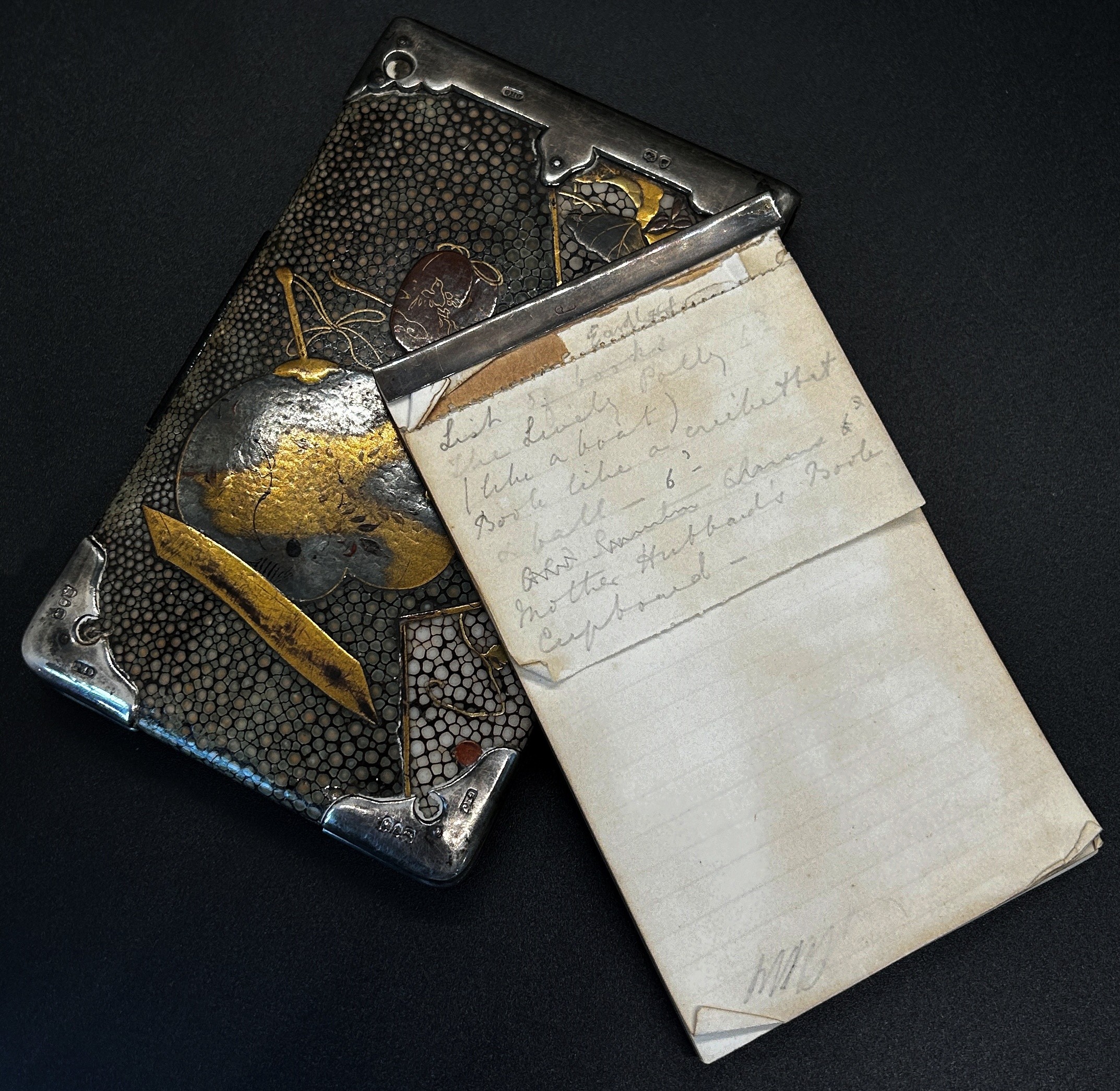 A Victorian shagreen notebook, the covers with Aesthetic Movement influence, soft divisional