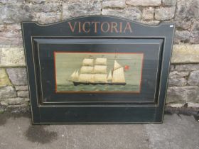A hand painted wooden sign 'Victoria' three mast sailing ship, 94 cm high x 117 cm wide