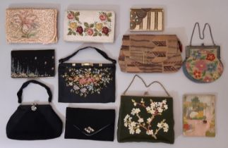 Eleven 1930's/40's small bags and purses including the following; a black satin bag with floral