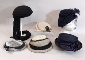 Six 1930's-40's ladies hats comprising four of moulded felt including a blue hat with satin ribbon