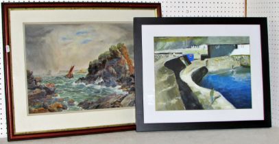 Two paintings, to include: B. Andrews (19th-20th century) - Rocky coastline with boats at sea,