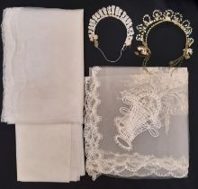 Five pieces of1930's/40's bridal wear including wax headdress with wired frame and multiple wax