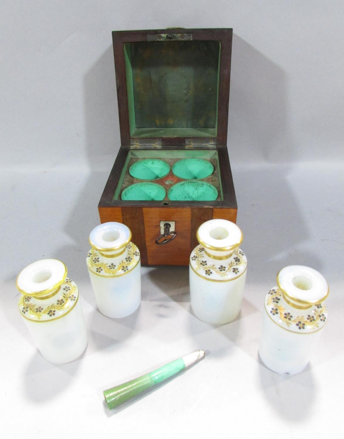 A 19th century continental scent bottle box with a ring handle opening to reveal four opaque scent - Image 4 of 7