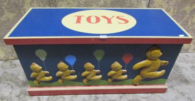 A child’s painted toy chest decorated with marching teddy bears