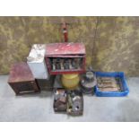 A vintage painted galvanised steel shooting gallery, a ships lantern, glazed stoneware barrel, two