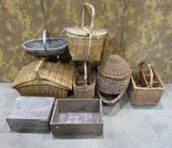 Five vintage and later wicker baskets of varying size, design and purpose, two vintage crates and