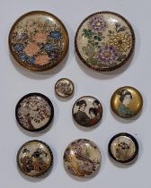 9 Japanese ceramic buttons most bearing the Satsuma Shimazu back stamp, including 3 depicting