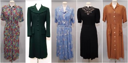 Five 1940's ladies garments comprising a floral multicoloured front fastening dress in crepe, a