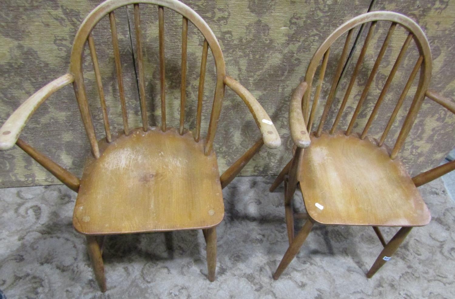 A Pair of vintage Ercol elm and beechwood stick back elbow chairs - Image 3 of 6