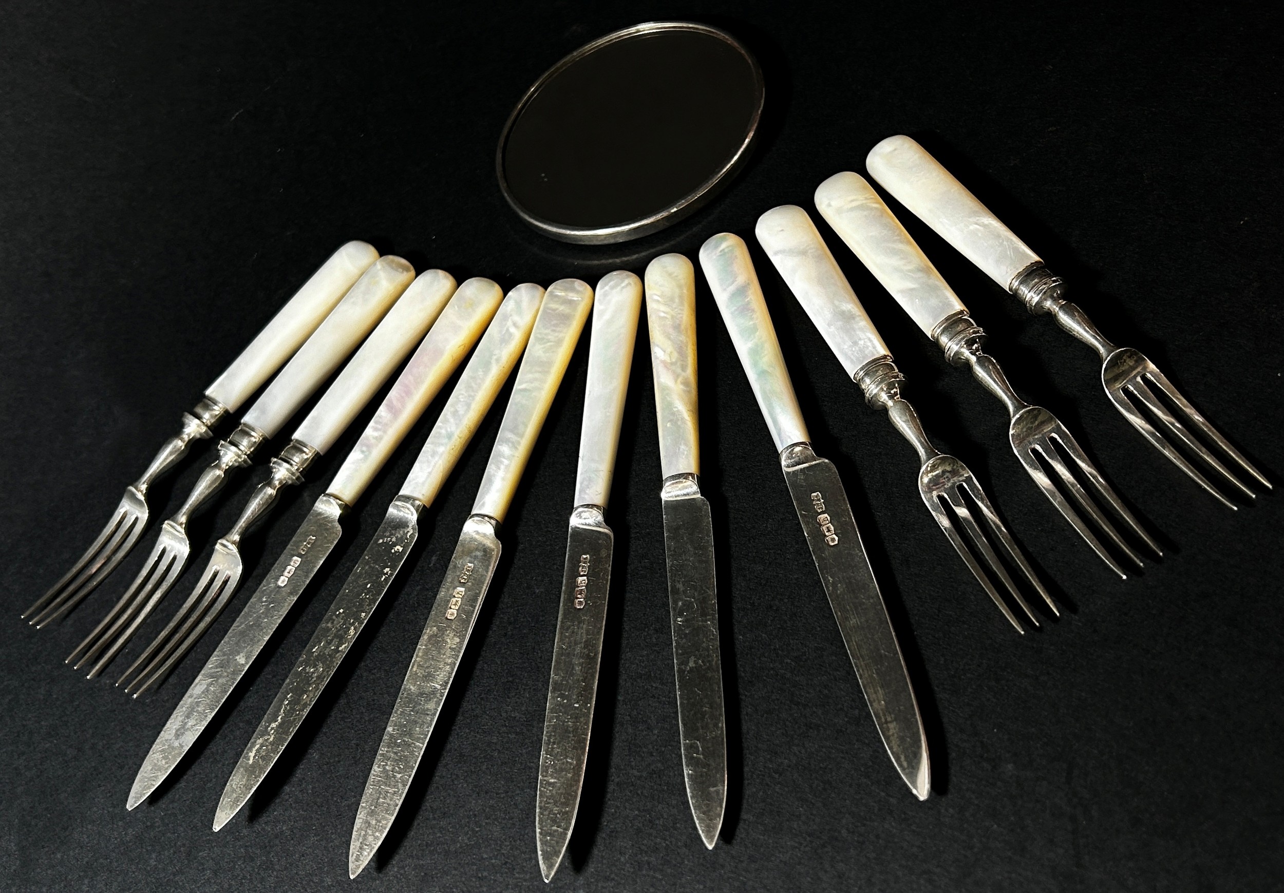 A Harrods mother of pearl set of silver fruit knives and forks and a small silver pocket mirror. - Image 2 of 2