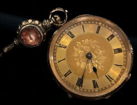 A small continental 18ct yellow gold cased fob watch.