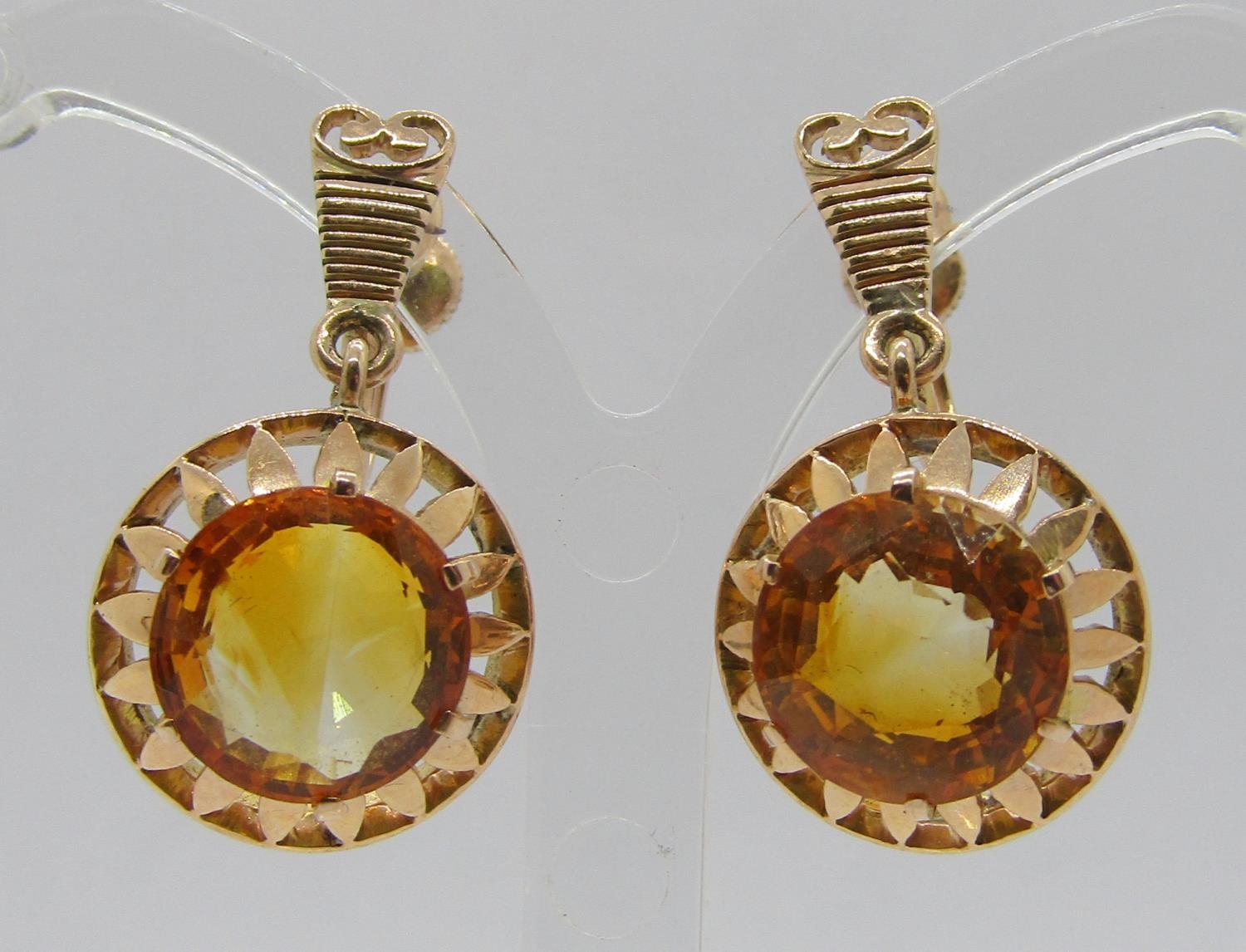 Pair of 14ct citrine drop earrings with screw fastenings, topaz 1cm diameter approx, earrings 2. - Image 3 of 3