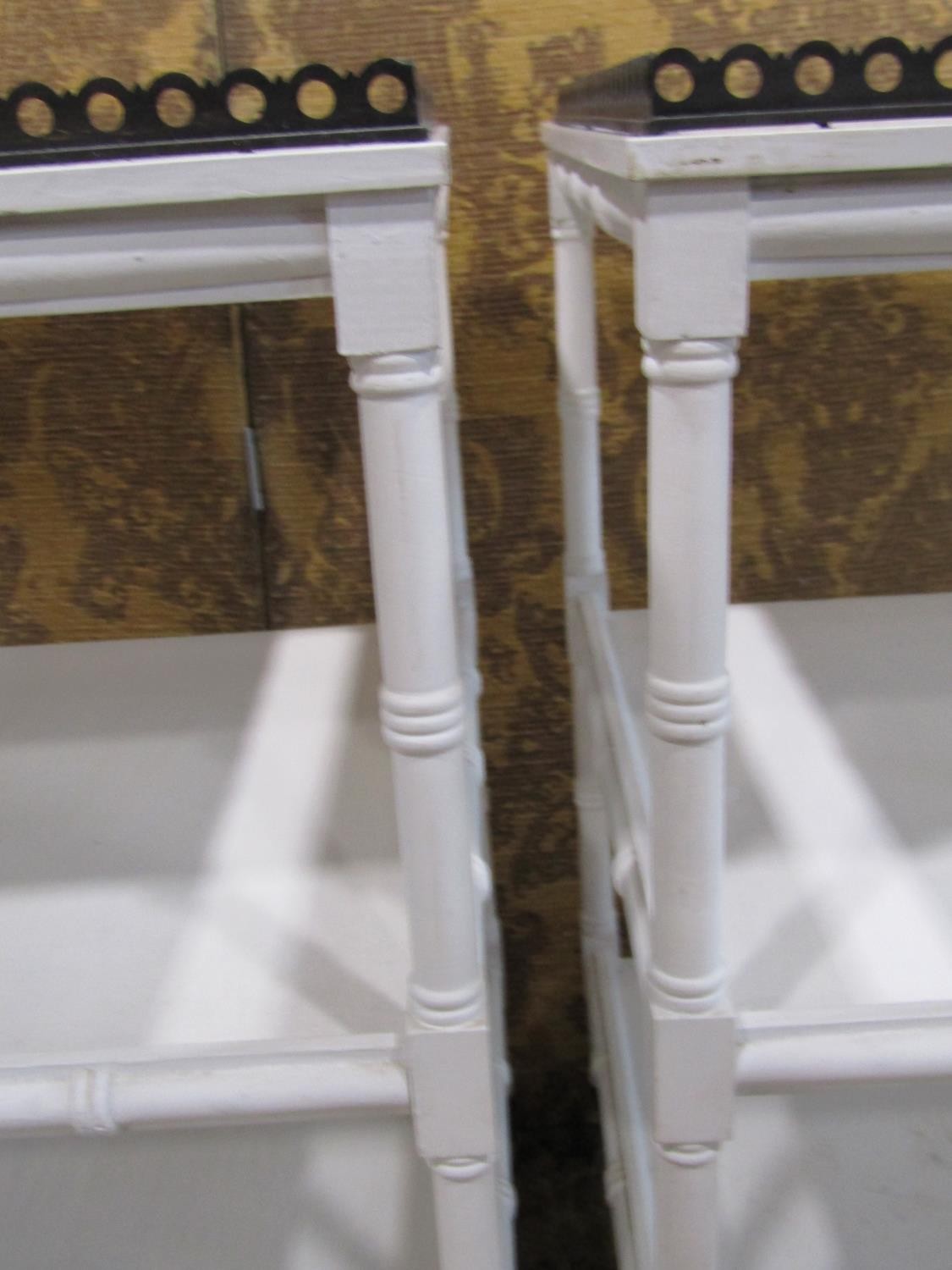 A pair of white painted Regency style three tier faux bamboo lamp tables, with pierced brass gallery - Image 3 of 3