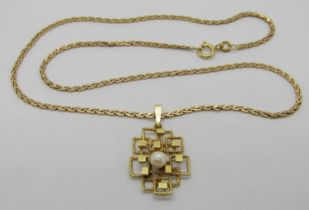 Vintage 14ct pendant set with a single pearl, hung from an associated 9ct chain necklace, 9.7g total