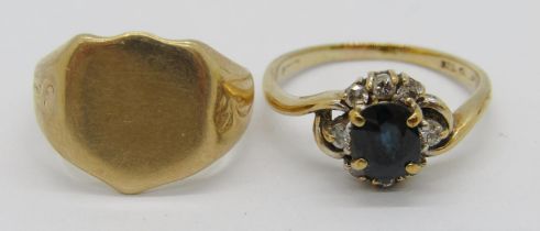 9ct shield signet ring, size H, 3.4g and a 9ct sapphire and diamond cluster ring, size L, 1.8g (2)