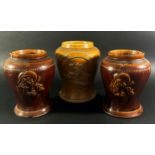 A collection of three salt glazed snuff jars with character detail