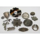 Collection of antique silver and white metal jewellery to include a Victorian Scottish banded