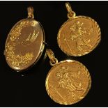 Three 9ct pendants; two St Christopher examples and a locket with engraved decoration, 9.4g total (