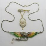 Silver plique-à-jour enamelled necklace in the form of a heron, set with marcasite, ruby eye and