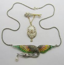 Silver plique-à-jour enamelled necklace in the form of a heron, set with marcasite, ruby eye and