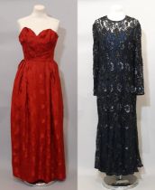 Two vintage evening dresses comprising a full length strapless gown in red damask satin by Barri-