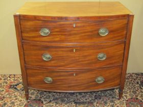 A Regency mahogany bow fronted chest of three long drawers, on square cut supports with brass