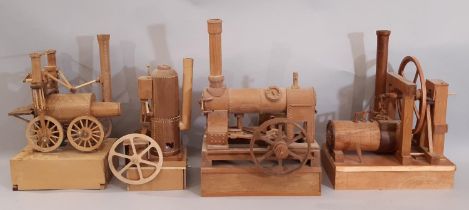 4 scratch-built wooden models of early steam engines in teak including two substantial stationary