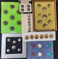 A collection of mixed buttons all displayed on card or in frames, including a set of 9 Mother of