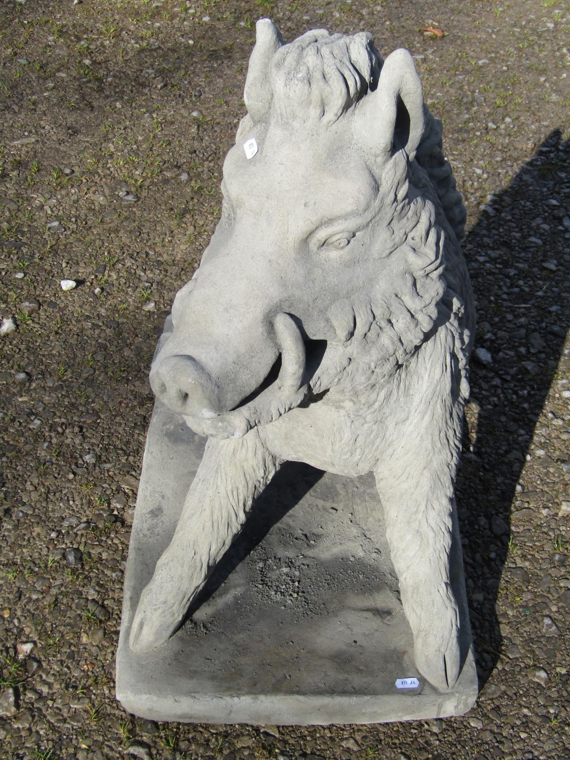 A life size cast composition stone garden ornament/study of a seated wild boar set on a - Image 5 of 5