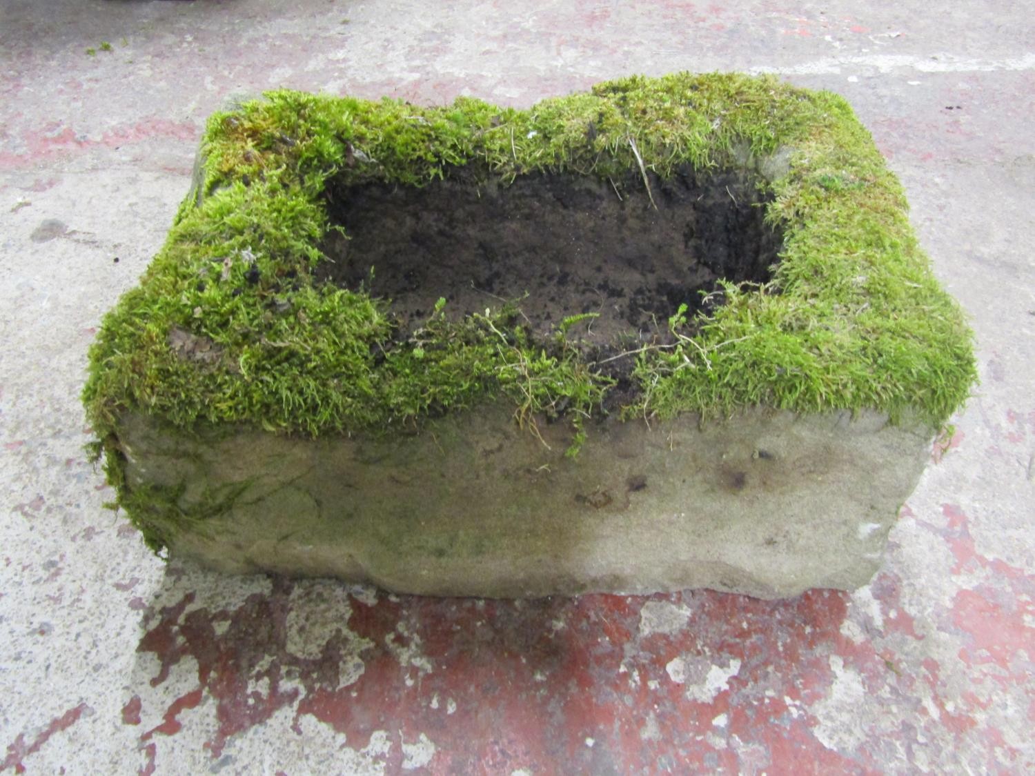 A small shallow but thick walled rectangular natural stone trough, 20cm high x 48cm x 30cm - Image 3 of 5