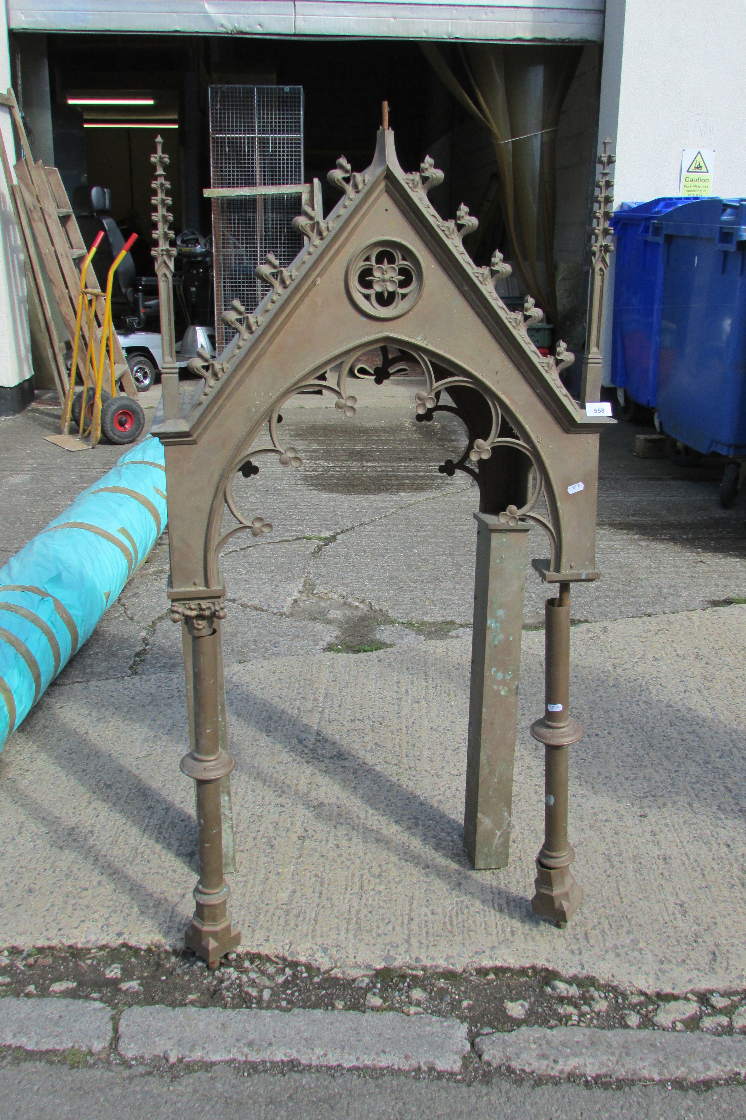 A large 19th century ecclesiastical brass tabernacle canopy, with gothic spire finials and pierced - Image 2 of 5