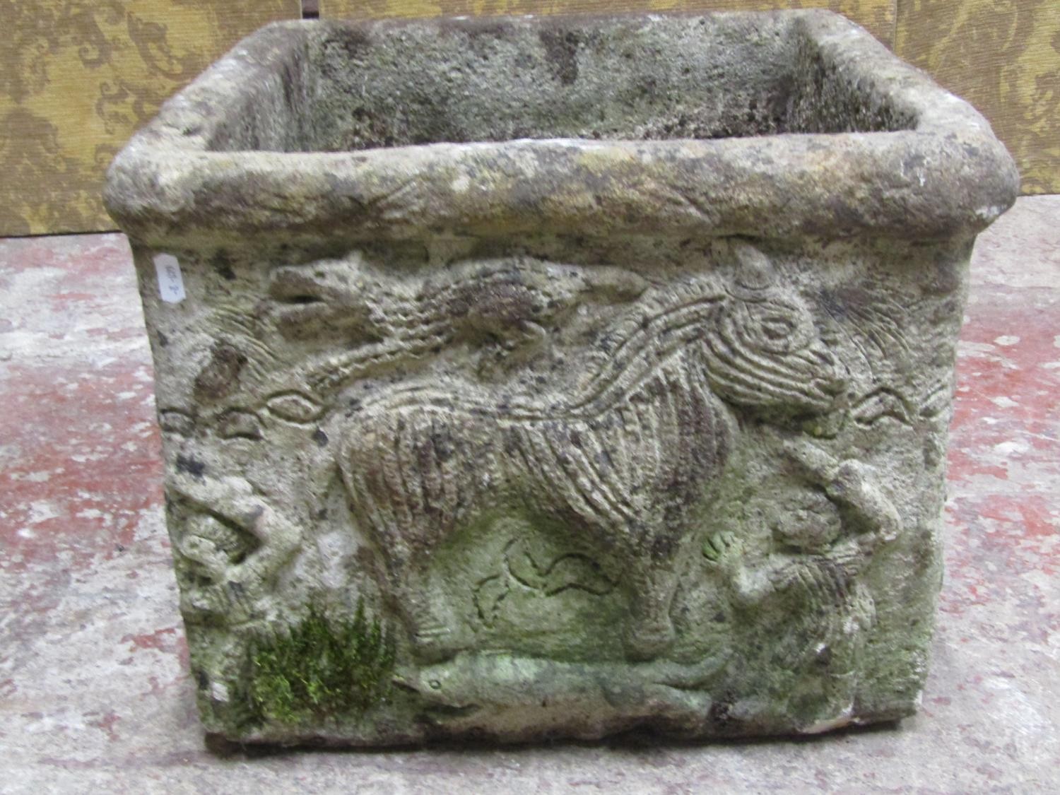 Two medieval style weathered cast composition stone garden planters with relief detail, one of - Image 5 of 10