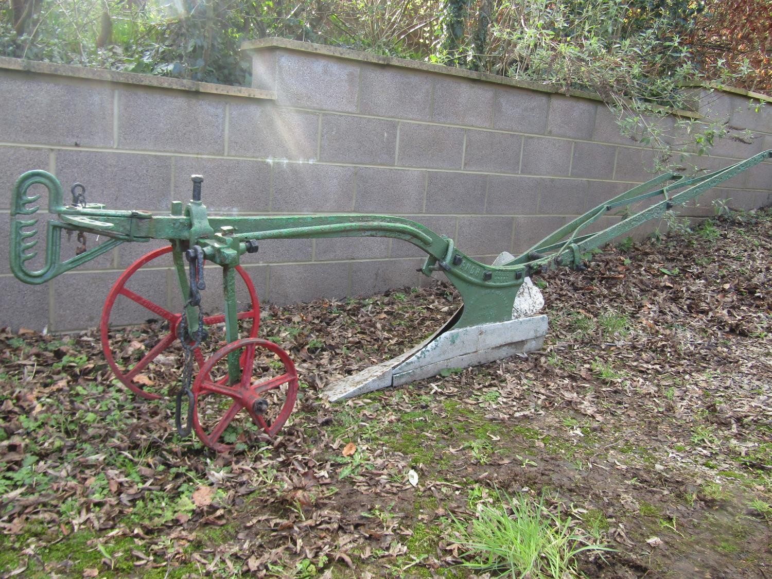 A Somes Sims & Jefferies Ltd single furrow walk behind two wheeled horse drawn plough, 335 cm (