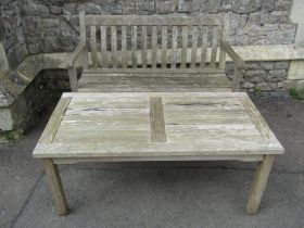 An Alexander Rose weathered teak 2 seat garden bench with curved slatted seat and back, 122cm wide