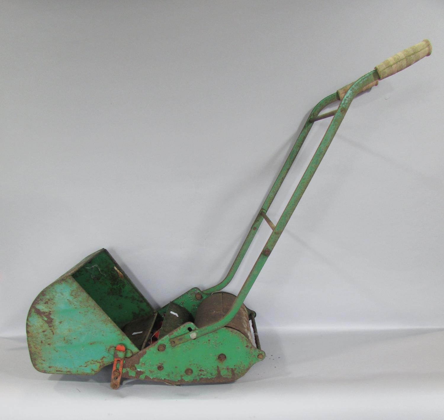 A child's lawn mower, a 19th century wooden wool winder, a brightly painted barge style stool - Image 2 of 7