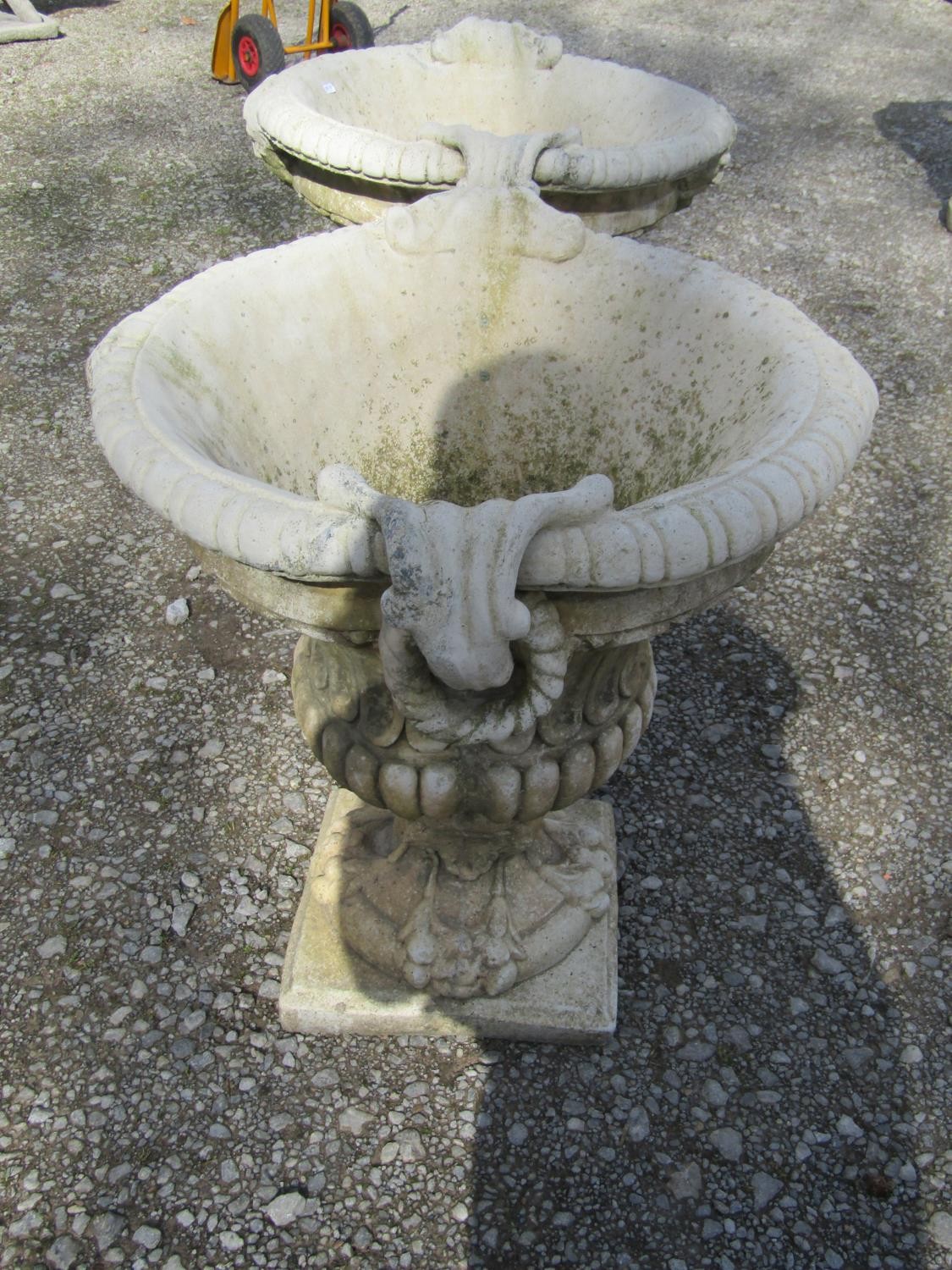 A pair of large weathered cast composition stone garden urns with lobed bodies, fixed ring - Image 2 of 7