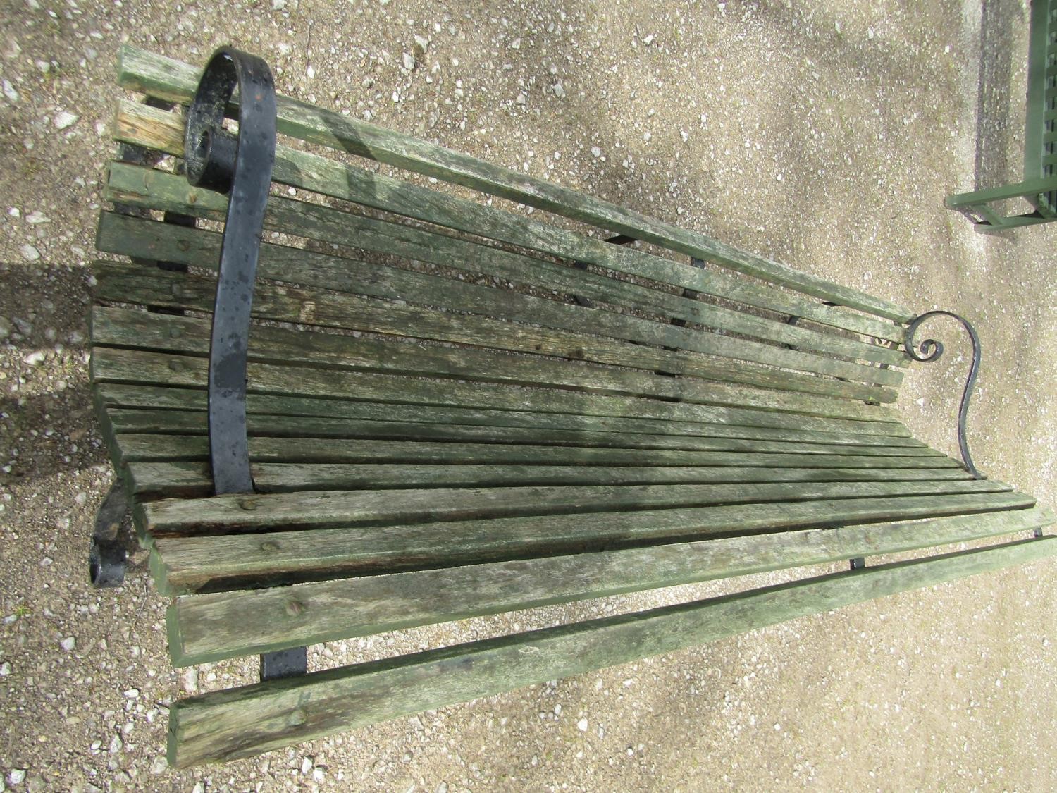 A vintage heavy gauge park/estate garden bench with weathered green painted teak slatted seat raised - Image 6 of 7