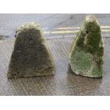 Two weathered natural stone staddle stone bases of square tapered form 62 cm high approx