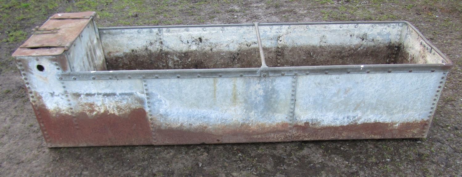 A vintage heavy gauge galvanised steel field water trough with pop riveted seams (af), 58 cm (full