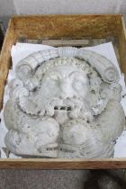 A large and impressive continental carved marble fountain head, detailing a mask of Poseidon above